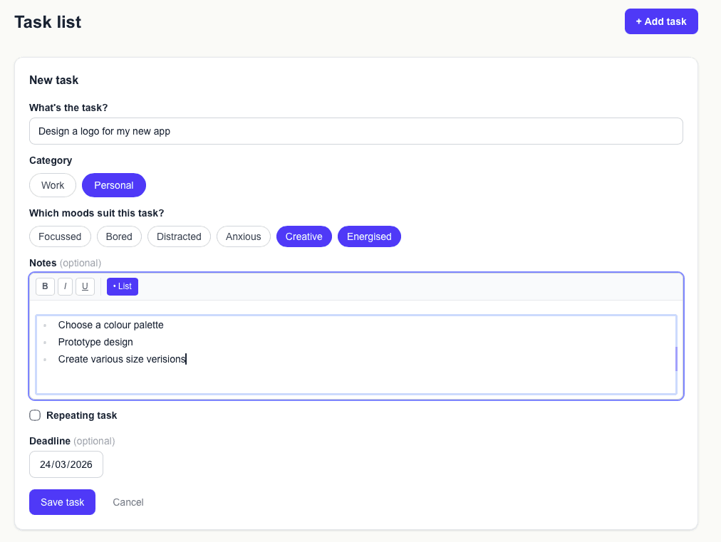 Tagging tasks with moods